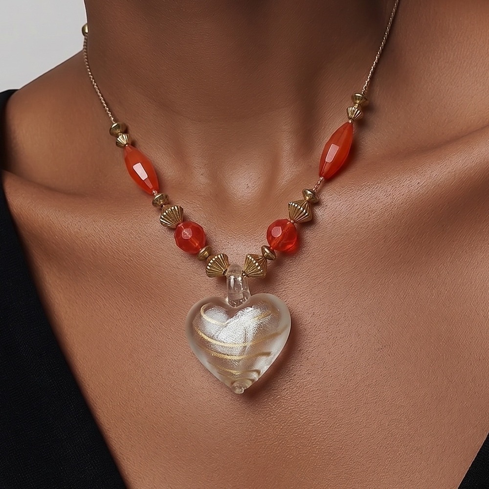 Artisan Glass Heart Pendant Necklace Red Beaded Gold Tone Swirl Romantic Boho